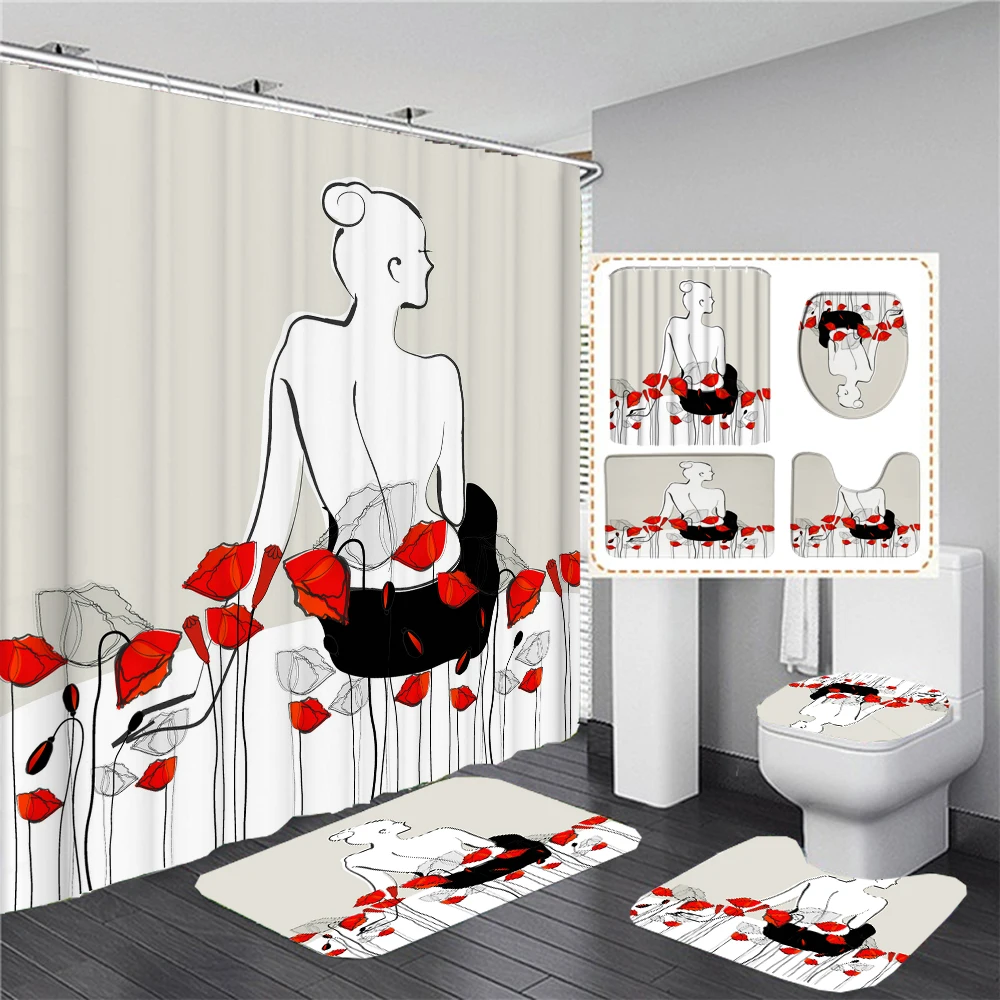 Простая цветочная занавеска для душа, набор для ванной комнаты, водонепроницаемые занавески для ванны из полиэстера, Противоскользящий ковер, крышка унитаза, коврики для пола