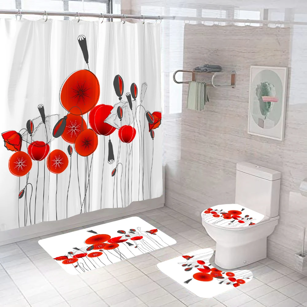 Простая цветочная занавеска для душа, набор для ванной комнаты, водонепроницаемые занавески для ванны из полиэстера, Противоскользящий ковер, крышка унитаза, коврики для пола