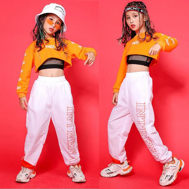 Детская одежда в стиле хип-хоп, оранжевая толстовка, укороченные повседневные брюки, одежда для джазовых танцев для девочек, одежда для бальных танцев