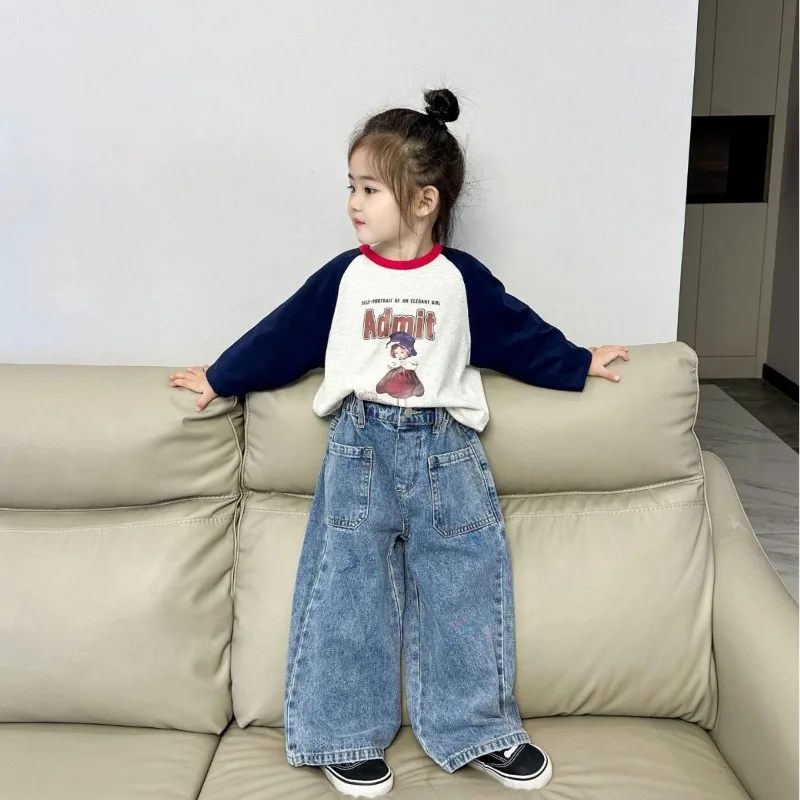 Детская одежда Для девочек в Корейском стиле, Модные Свободные Широкие джинсы 2023, Весна-осень, Новые Повседневные универсальные Простые брюки