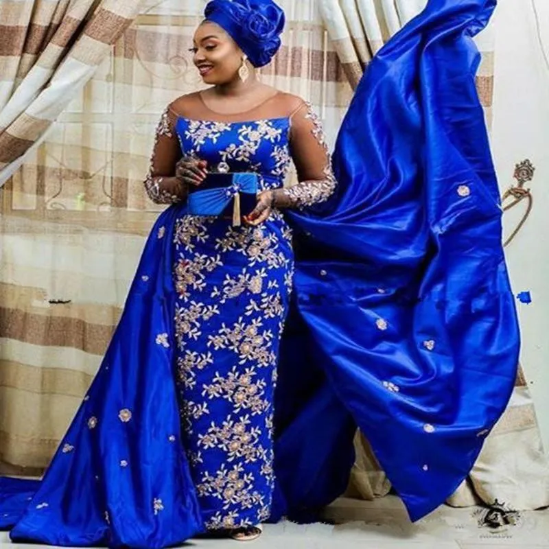 Скромное Нигерийское вечернее платье большого размера 2021, Африканские Королевские Синие платья для выпускного вечера со съемным шлейфом robe de soirée de mariage