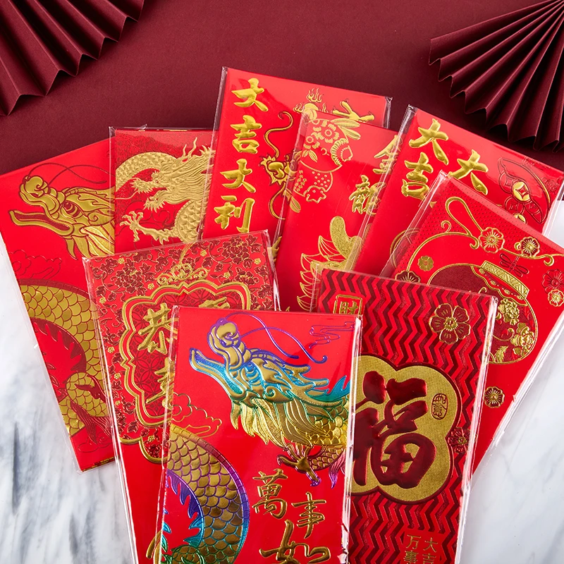 6 Штук красных конвертов в китайском стиле 2024 года, Новогодние Подарочные пакеты для Весеннего фестиваля, мешочки для денег с Драконом и Зодиаком, Новогодний Смешанный стиль