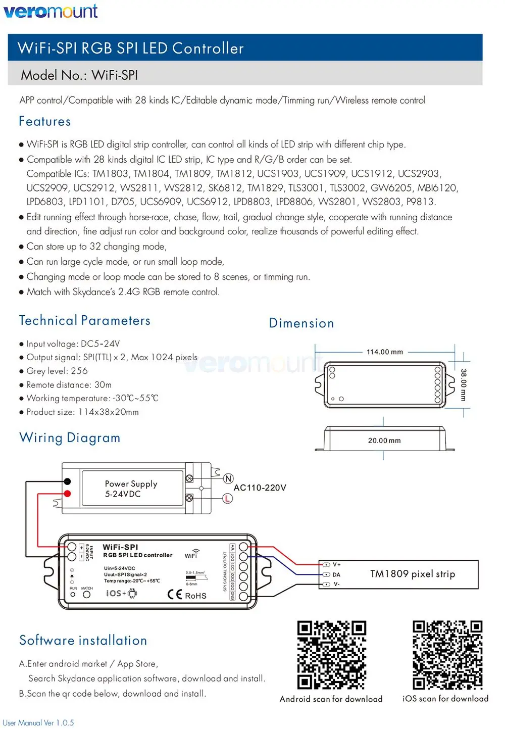 DC5V-24V 1024 Пикселей Skydance WiFi-SPI светодиодный Контроллер WiFi APP Control для WS2811 WS2812 TM1812 USC1903 Digital IC Pixel Strip