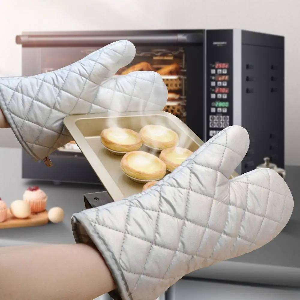 1 Пара прихваток для духовки со стеганой хлопчатобумажной подкладкой, серебряные перчатки для духовки, удлиненные кухонные перчатки для выпечки