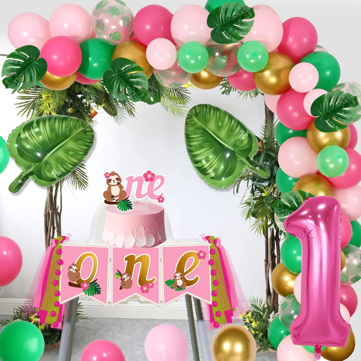 Ленивец, Декор на 1-й День Рождения, Гирлянда из воздушных шаров, Арка, Набор для украшения торта, стульчик для кормления, баннер, принадлежности для вечеринки в честь первого Дня рождения животных в джунглях
