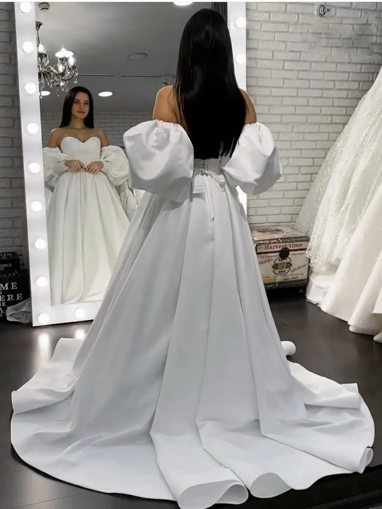 Свадебные платья больших размеров, простое свадебное платье трапециевидной формы, атласное, Белое, цвета слоновой кости, с длинными съемными пышными рукавами, платье невесты 2022