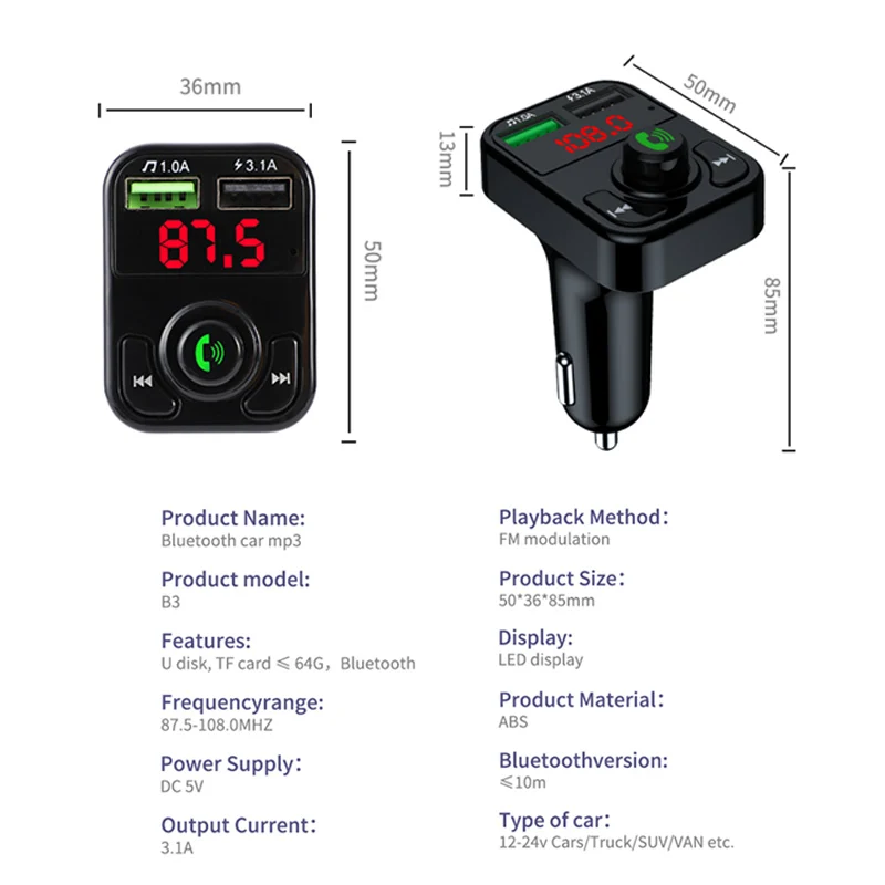 3.1A Bluetooth 5.0 FM-Передатчик Беспроводная Громкая Связь Автомобильный MP3-Плеер Аудио Адаптер Двойной USB-Телефон Быстрая Зарядка Поддержка TF