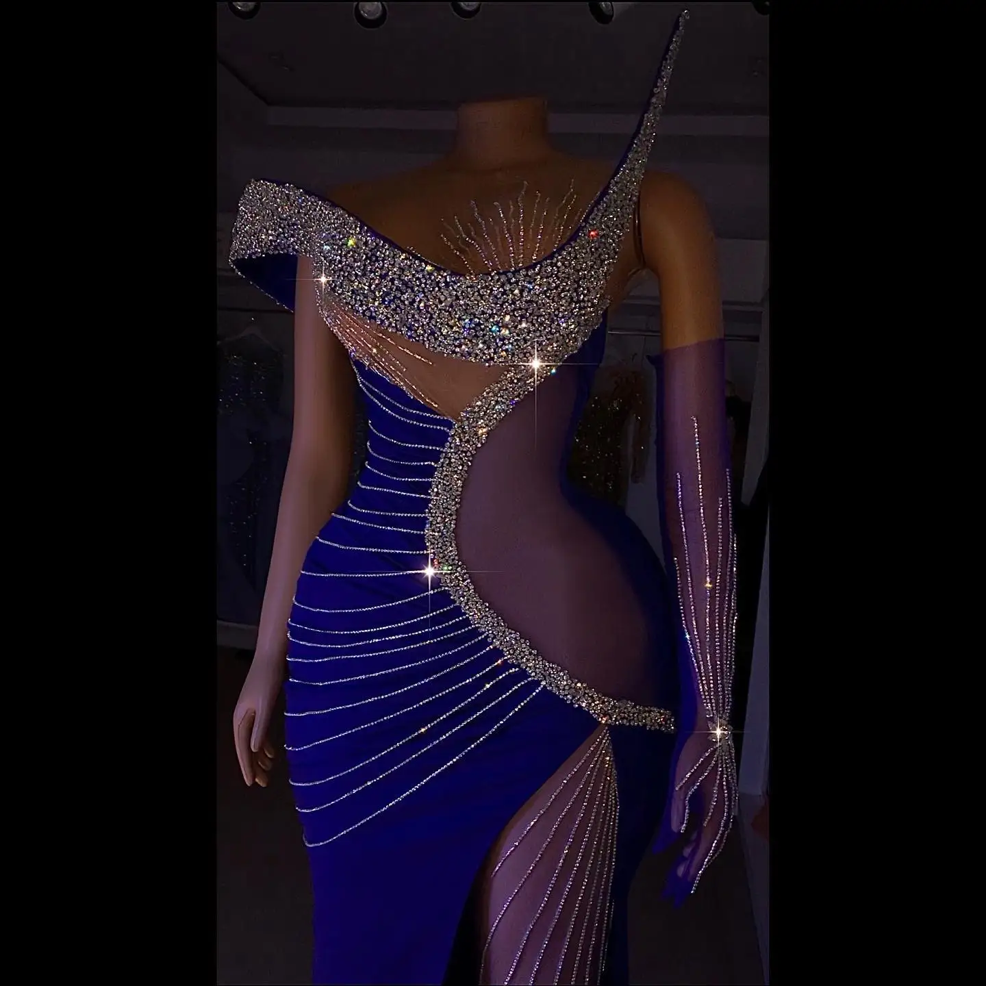 Блестящие вышитые бисером Русалочьи платья Aso Ebi для выпускного вечера с перчатками Sexy Illusion Королевское синее вечернее платье в африканском стиле Блестящие вечерние платья в африканском стиле