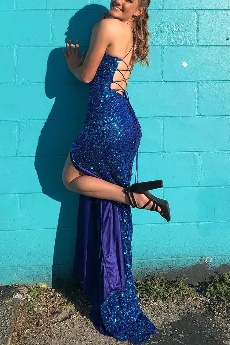 Длинные синие вечерние платья с блестками и разрезом в виде русалки, плиссированные платья-спагетти с небольшим шлейфом, вечерние платья для выпускного вечера для женщин