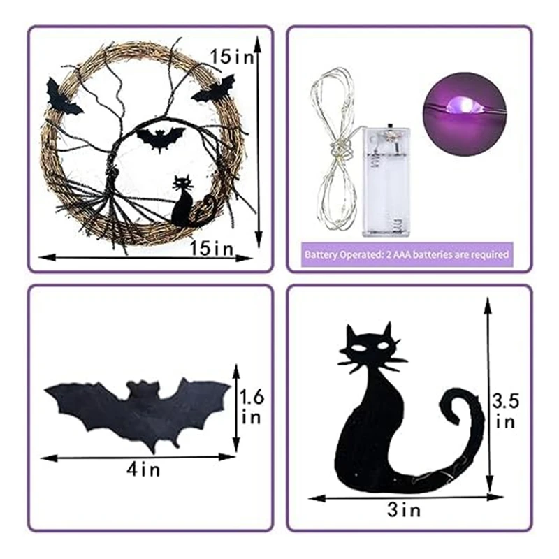 1 шт. для входной двери, летучей мыши в венке на Хэллоуин и черной кошки-Декор двери на Хэллоуин-Декор в венке Фиолетовый