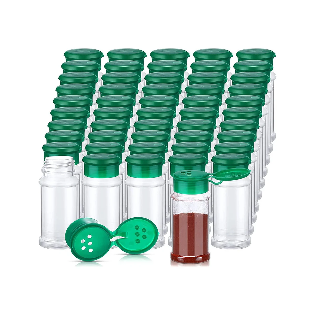 50шт Пластиковые банки для специй с крышками-шейкерами Контейнеры для специй Пластиковые бутылки для специй Банки-шейкеры для приправ 3,3 унции / 100 мл Зеленый