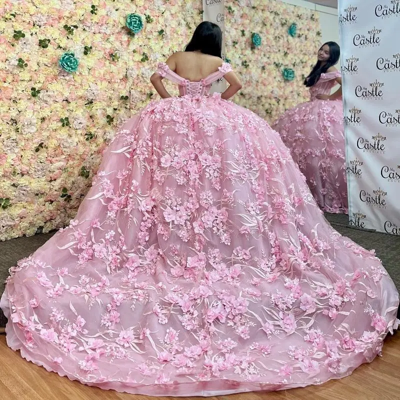 Lorencia Розовые Пышные Платья 2023 Цветочные 3D Аппликации Бисером Бальное Платье С Корсетом Sweet 16 Vestidos De XV Anos YQD397