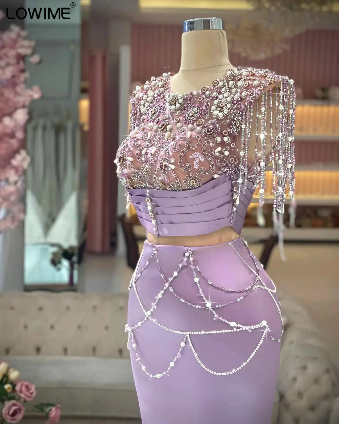 Модное светло-фиолетовое платье Русалки для выпускного вечера, расшитое бисером, Хрустальный атлас, женские вечерние платья со шлейфом, вечерние платья