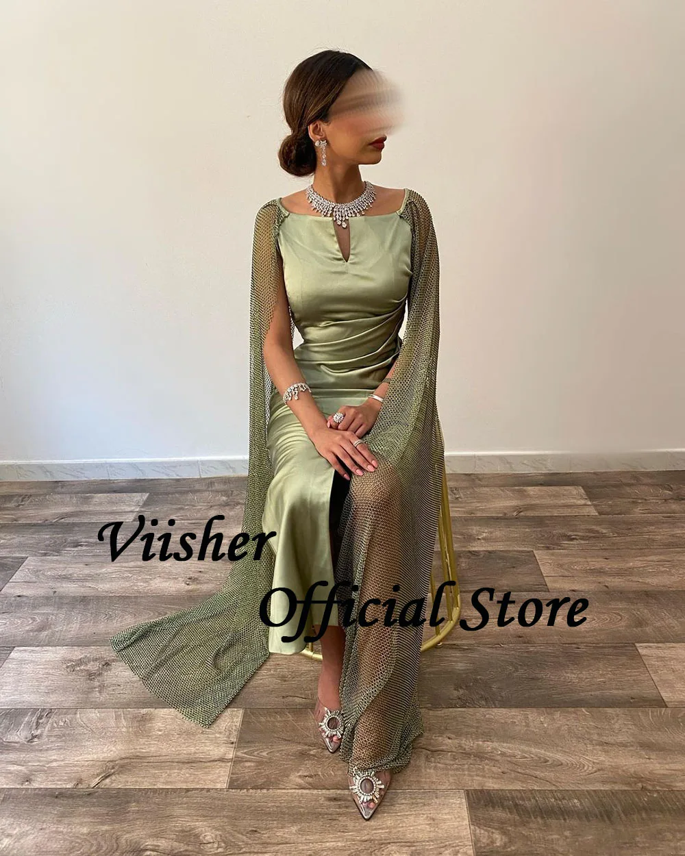 Оливково-зеленые вечерние платья-русалки Viisher со складками-накидками, атласное вечернее платье Макси с разрезом, платья для выпускного вечера в Саудовской Аравии, арабские платья для вечеринок