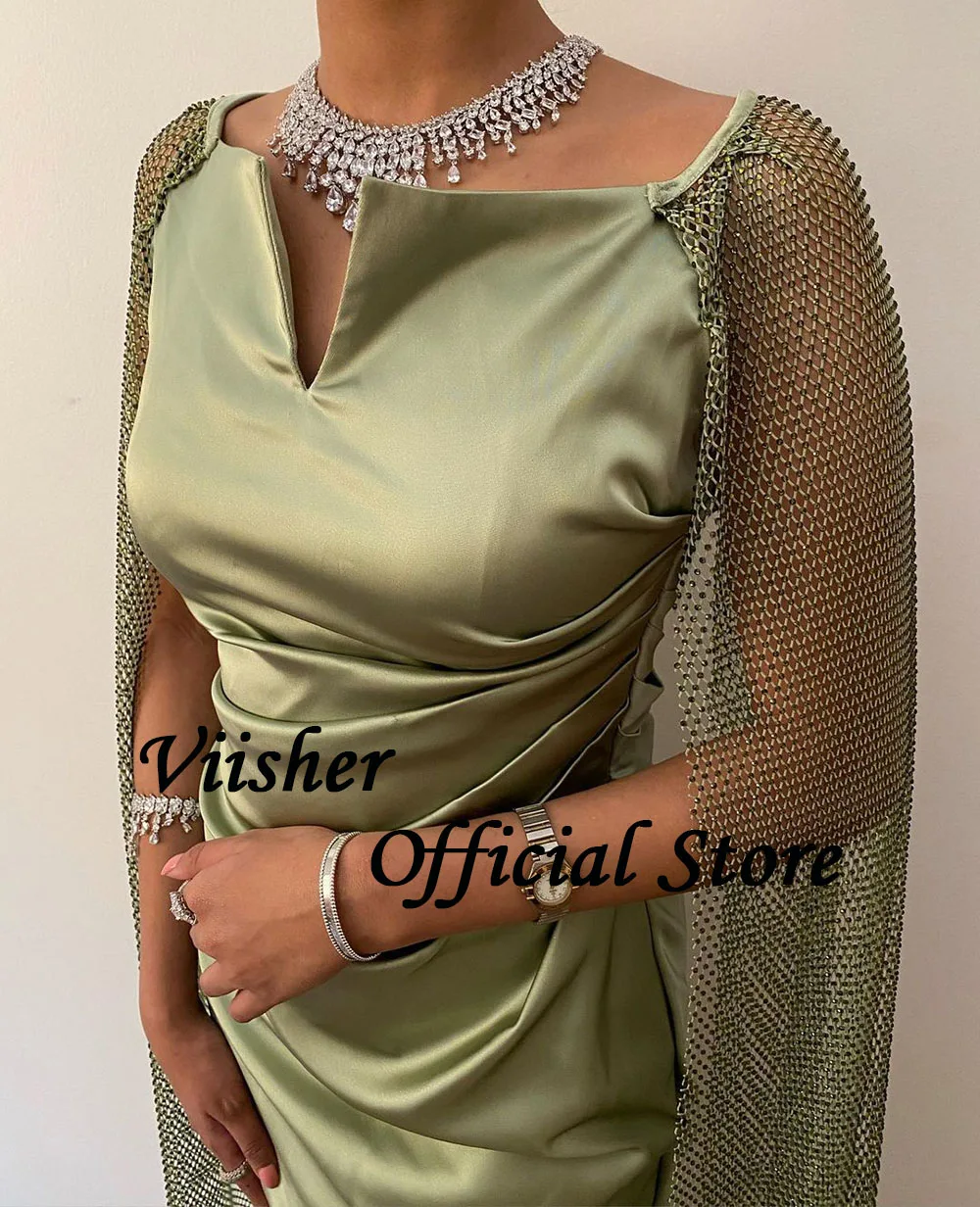 Оливково-зеленые вечерние платья-русалки Viisher со складками-накидками, атласное вечернее платье Макси с разрезом, платья для выпускного вечера в Саудовской Аравии, арабские платья для вечеринок