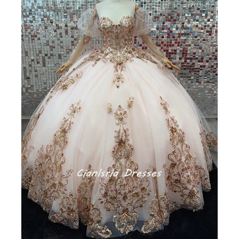 Розовые многоуровневые пышные платья со съемным рукавом, бальное платье с аппликацией из золотых блесток, кружевной корсет Sweet 15 Vestidos De Quinceanera