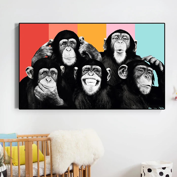 Абстрактные забавные шесть обезьян, картины на холсте, граффити семьи горилл, уличное искусство, плакаты с животными, настенное искусство для украшения детской комнаты