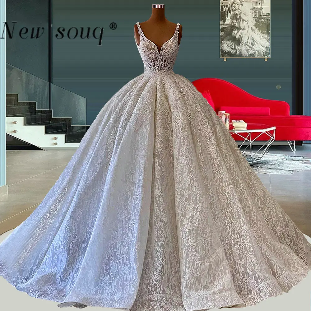 Дубай роскошное бальное платье без рукавов кружева свадебное платье плюс размер арабский принцессы, пышные свадебные платья высокого класса мантия-де-Mariage