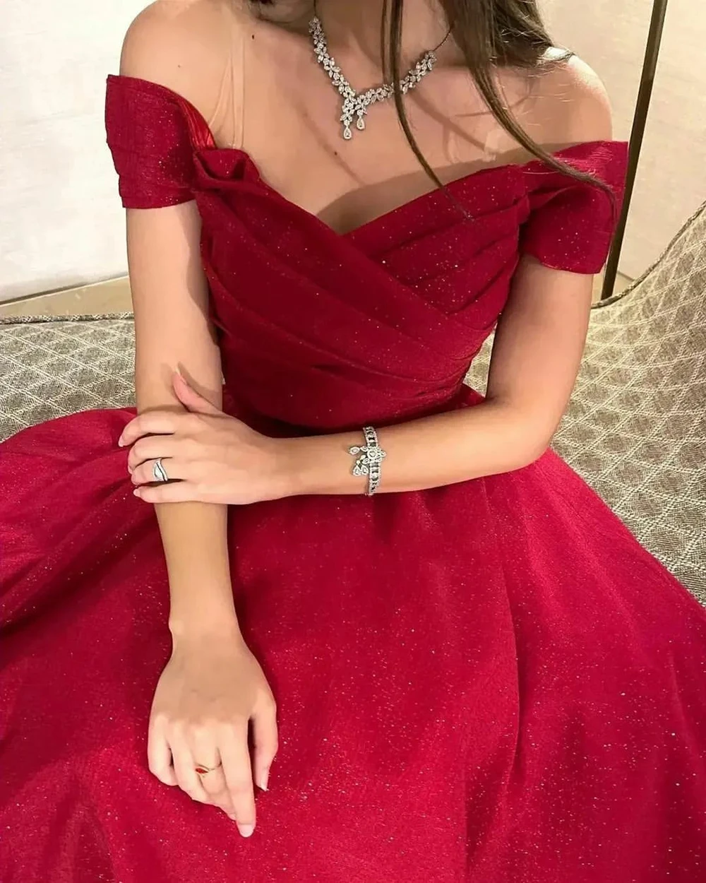 Вечернее платье Verngo Red с открытыми плечами, многоуровневые вечерние платья трапециевидной формы, блестящее свадебное платье из тюля в виде сердечка.