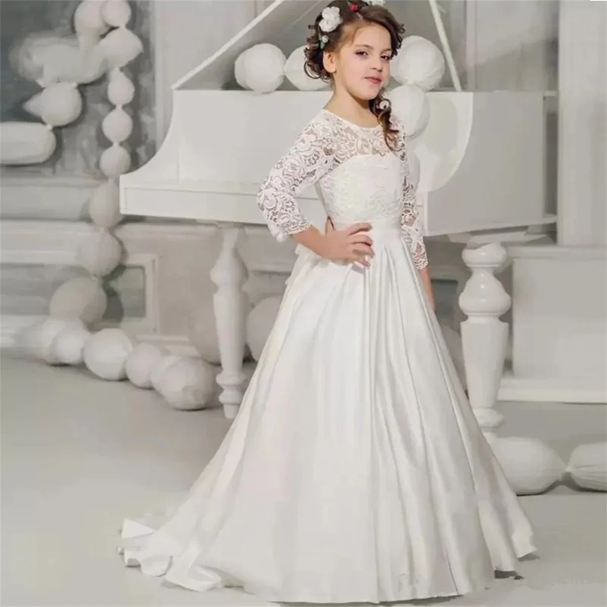 Свадебное платье для девочки в цветочек С белой атласной кружевной аппликацией, элегантное платье в цветочек для первого Евхаристического дня рождения ребенка, подарки для девочек