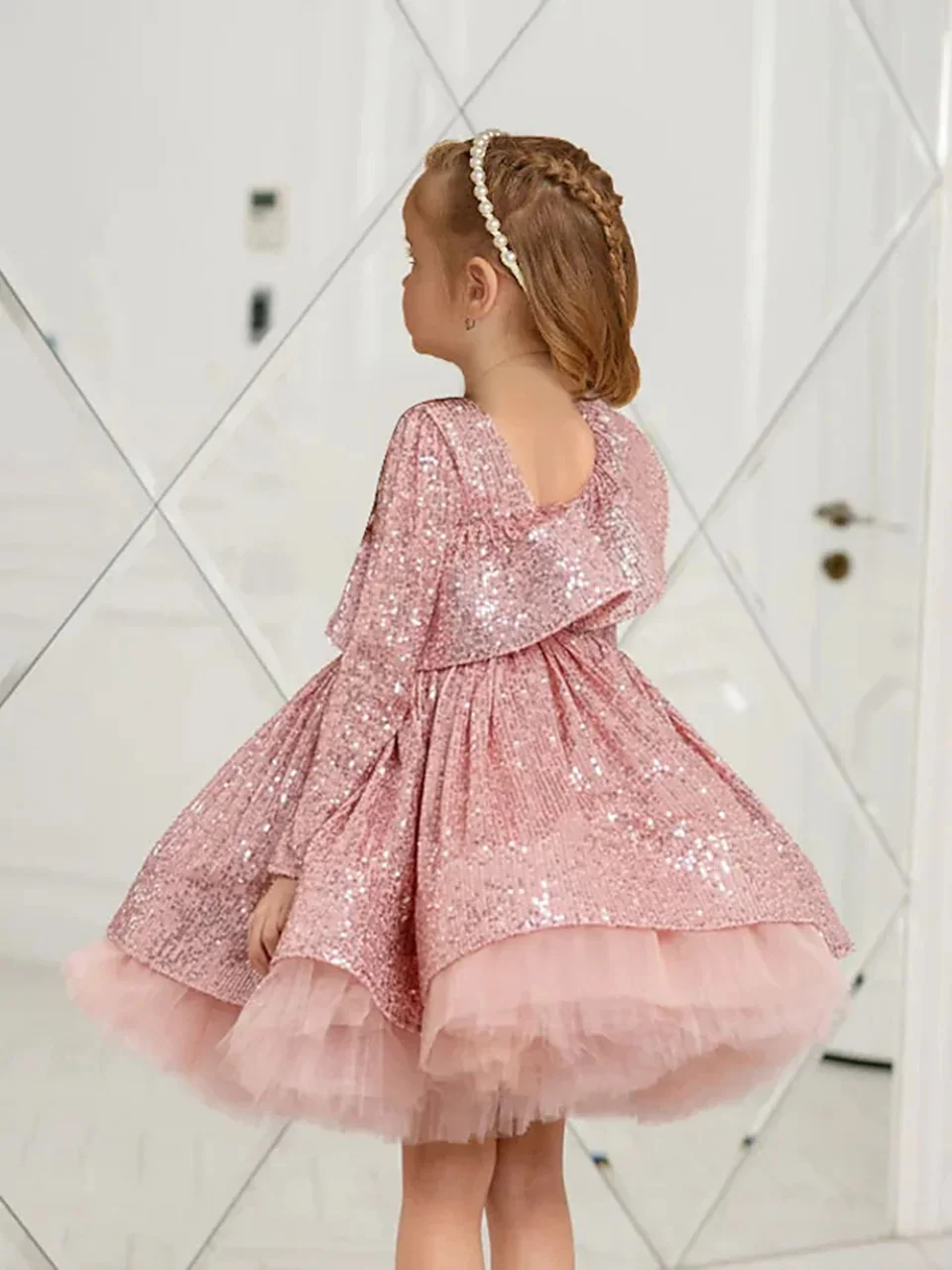 Розовое блестящее свадебное платье с цветочным узором из тюля с длинным рукавом и пышными блестками, праздничное платье для Дня рождения, бальные платья для Первого причастия