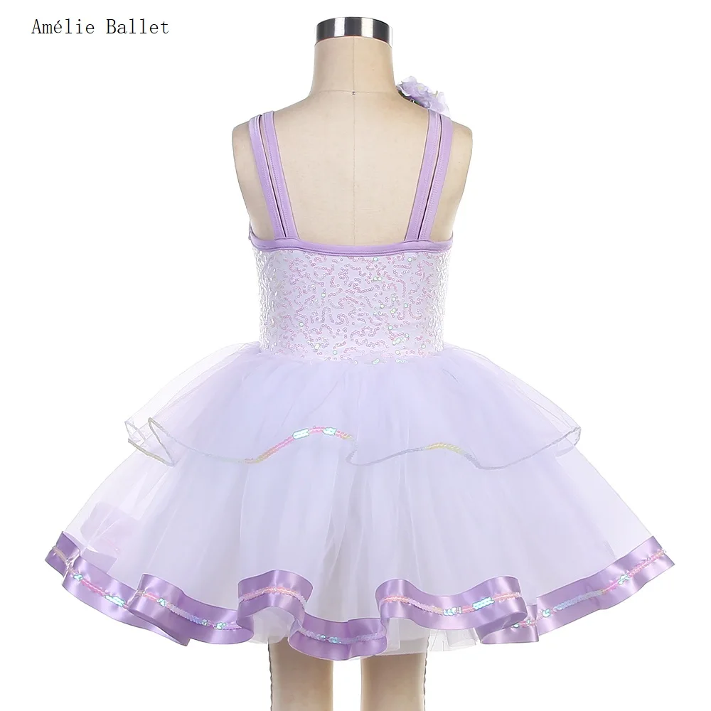 24011 Белый лиф из спандекса с пайетками и фиолетовыми цветами, романтическая балетная пачка для девочек и женщин, балетное танцевальное платье-пачка для выступлений