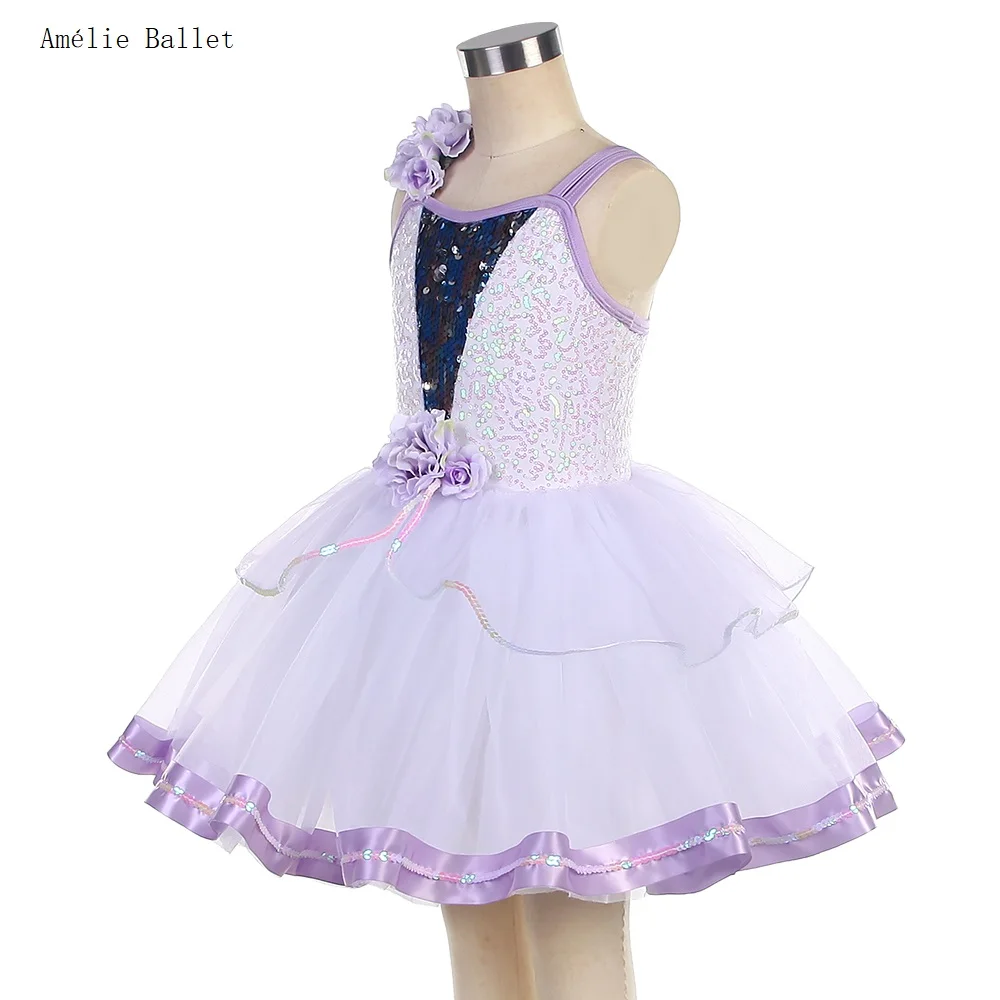 24011 Белый лиф из спандекса с пайетками и фиолетовыми цветами, романтическая балетная пачка для девочек и женщин, балетное танцевальное платье-пачка для выступлений