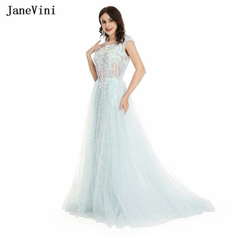 JaneVini 2022, Элегантные светло-голубые Роскошные Длинные платья для выпускного вечера, расшитые бисером, с круглым вырезом, с коротким рукавом, с пайетками, из тюля трапециевидной формы, Платье для дня рождения для женщин
