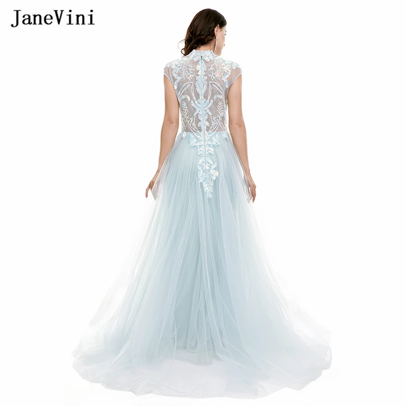 JaneVini 2022, Элегантные светло-голубые Роскошные Длинные платья для выпускного вечера, расшитые бисером, с круглым вырезом, с коротким рукавом, с пайетками, из тюля трапециевидной формы, Платье для дня рождения для женщин