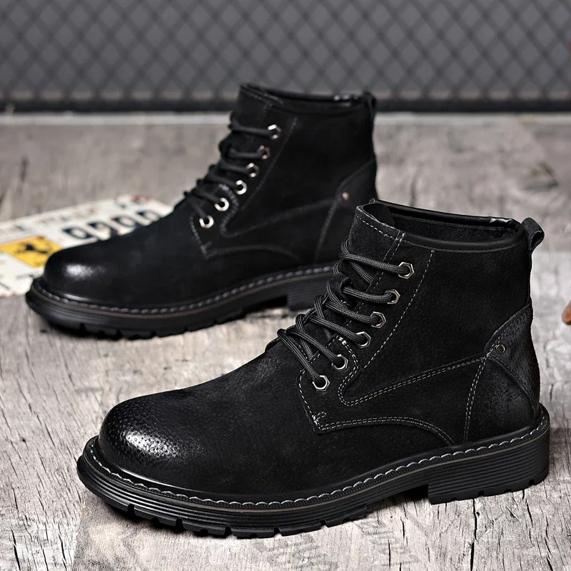 2023 Однотонные Осенне-зимние мужские Классические Кожаные ботинки; Уличные мужские рабочие ботинки с высоким берцем на толстой подошве В Корейском стиле