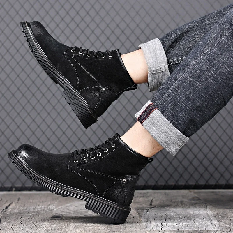 2023 Однотонные Осенне-зимние мужские Классические Кожаные ботинки; Уличные мужские рабочие ботинки с высоким берцем на толстой подошве В Корейском стиле