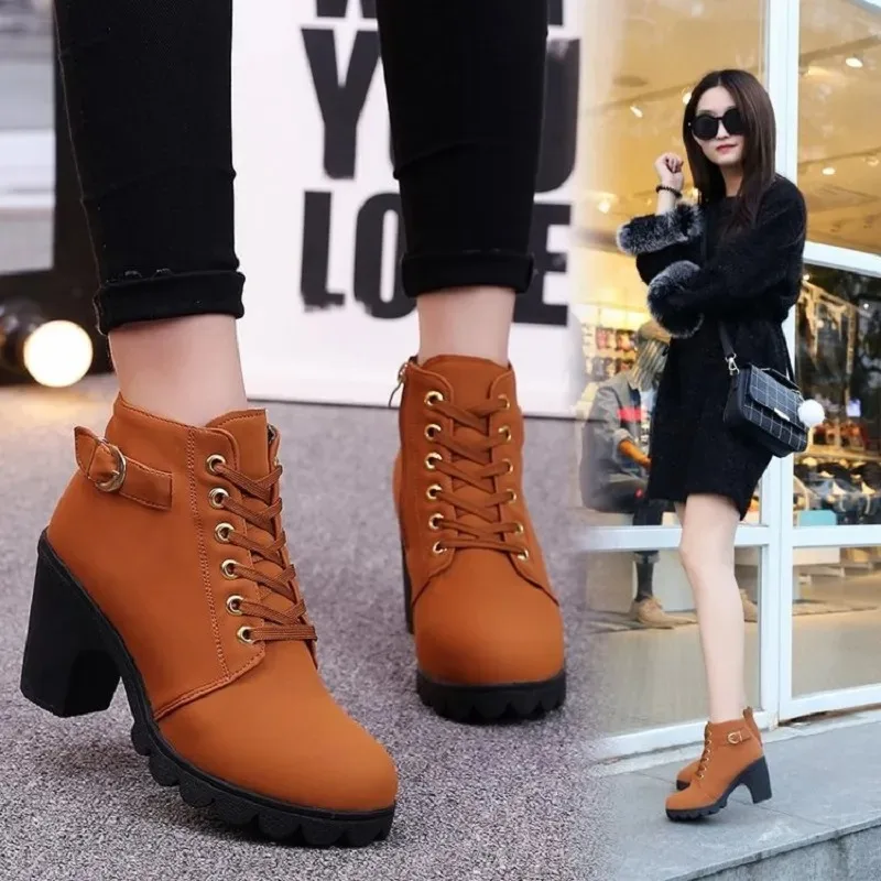 2023 г. новые весенне-зимние женские туфли на высоком каблуке, высококачественная европейская женская обувь на шнуровке, ботинки из искусственной кожи на высоком каблуке