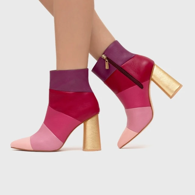 Радужные ботильоны разноцветного цвета на блочном каблуке с острым носком и боковой молнией, сексуальные повседневные женские модные резиновые сапоги