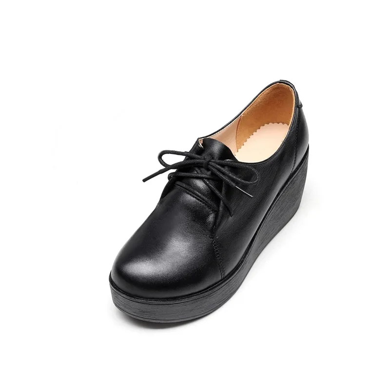 Новые женские туфли на платформе из натуральной кожи, танкетки, Черная женская повседневная обувь, обувь на высоком каблуке со шнуровкой, Большие размеры 34-41