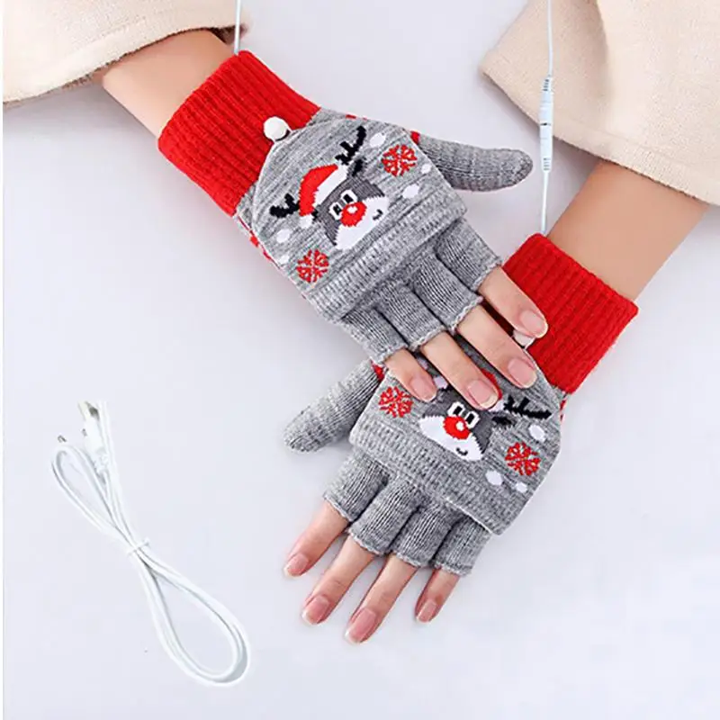 Перчатки с подогревом, зимние перчатки с сенсорным экраном, перезаряжаемые через USB, водонепроницаемые ветрозащитные перчатки в рождественской тематике, перчатки на полпальца, велосипедные принадлежности