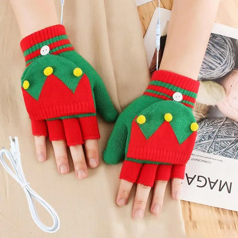 Перчатки с подогревом, зимние перчатки с сенсорным экраном, перезаряжаемые через USB, водонепроницаемые ветрозащитные перчатки в рождественской тематике, перчатки на полпальца, велосипедные принадлежности