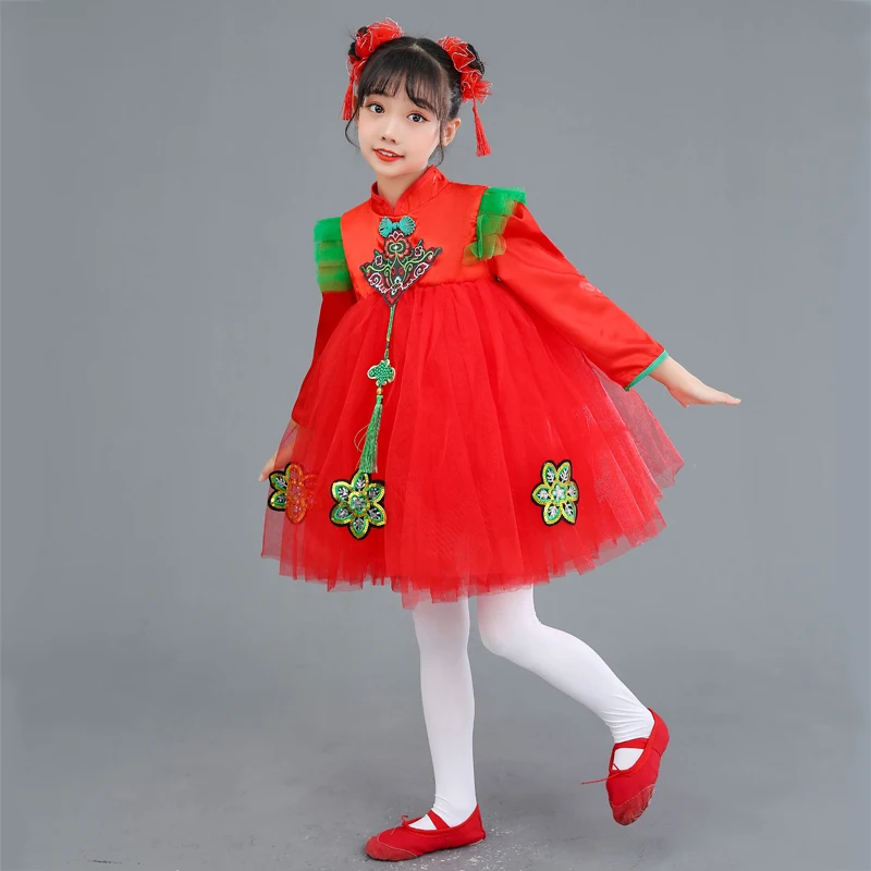 Детский китайский красный праздничный костюм детский сад танец с фонариком Пэн Пэн газовая юбка балетный костюм для представления