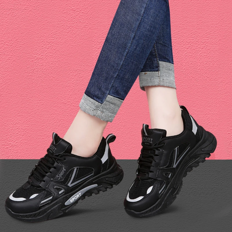 Кроссовки с толстой подошвой, женские демисезонные сетчатые дышащие повседневные кроссовки, Модная дорожная обувь на шнуровке, Sapatos Feminino