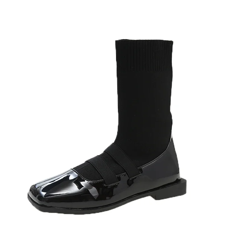 Женские сапоги-носочки из эластичного трикотажа 2023 года, Новые черные матовые женские туфли с квадратным носком, повседневные женские короткие сапоги-бочонки на низком каблуке Zapatos