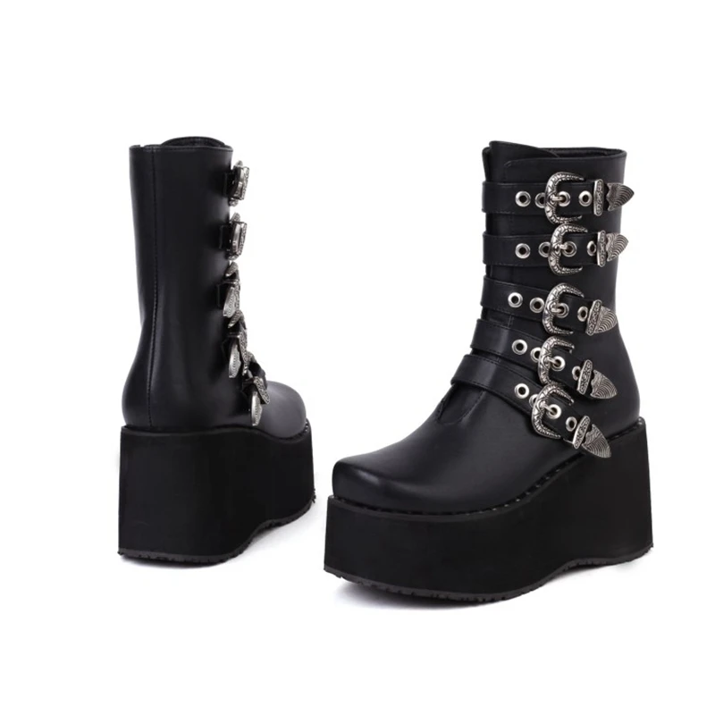 Большие размеры 35-48, Брендовые Дизайнерские Женские Ботинки на платформе с застежкой-молнией, Модные женские ботинки на танкетке в стиле ретро, Качественные черные ботинки 1009-2