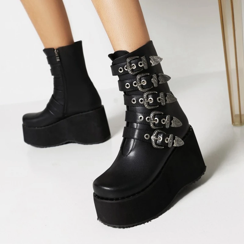 Большие размеры 35-48, Брендовые Дизайнерские Женские Ботинки на платформе с застежкой-молнией, Модные женские ботинки на танкетке в стиле ретро, Качественные черные ботинки 1009-2