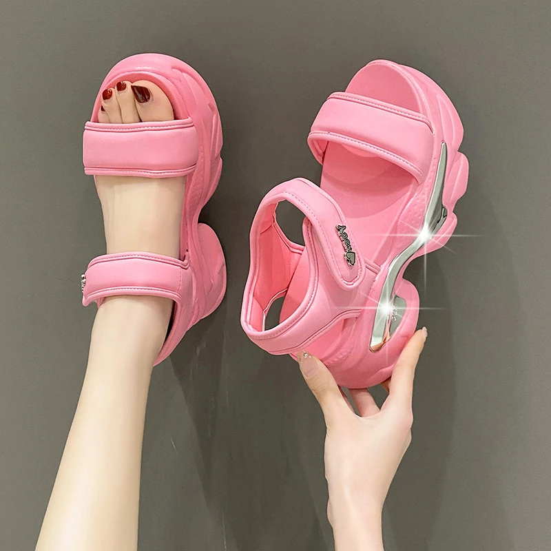 Босоножки на каблуке 8 см Женская обувь Пляжная обувь с крючком и петлей Женская новая модная летняя обувь Слайды Сандалии на платформе и танкетке Sandalias Mujer