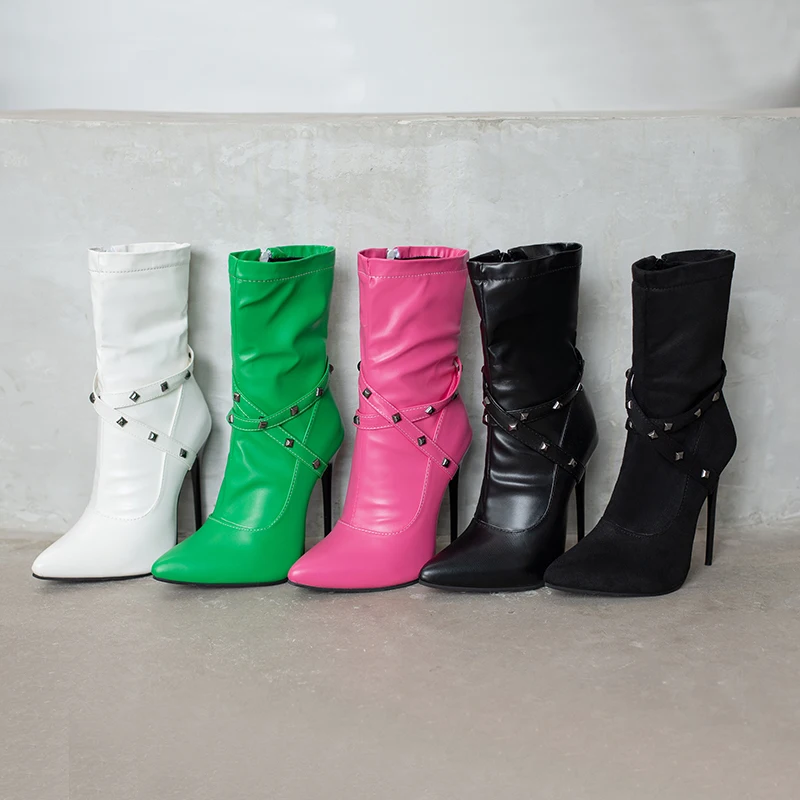 Женские ботильоны Ankel на металлическом тонком высоком каблуке с острым носком и боковой молнией, модные черно-белые Зеленые ботинки, женские модные Сексуальные пинетки 2022 г.