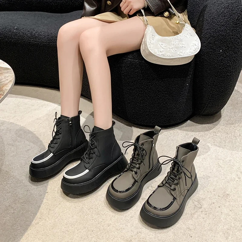 Женская обувь в продаже 2023 г., Женские ботинки на высоком каблуке-копытце со шнуровкой, Зимние ботинки из искусственной кожи с круглым носком, Смешанные цвета, Женская обувь на молнии