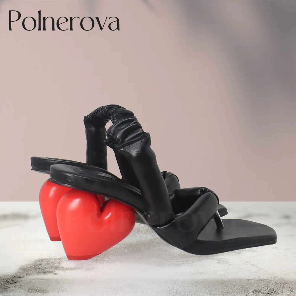 Черные босоножки на каблуке в виде красного сердечка, летняя обувь без застежки, роскошные дизайнерские модные женские босоножки, удобные туфли на высоком каблуке