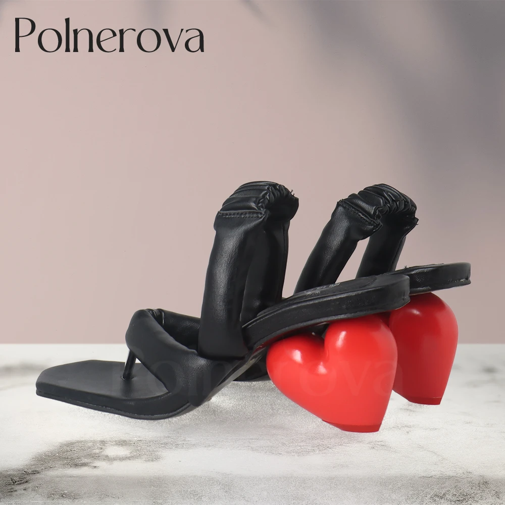 Черные босоножки на каблуке в виде красного сердечка, летняя обувь без застежки, роскошные дизайнерские модные женские босоножки, удобные туфли на высоком каблуке