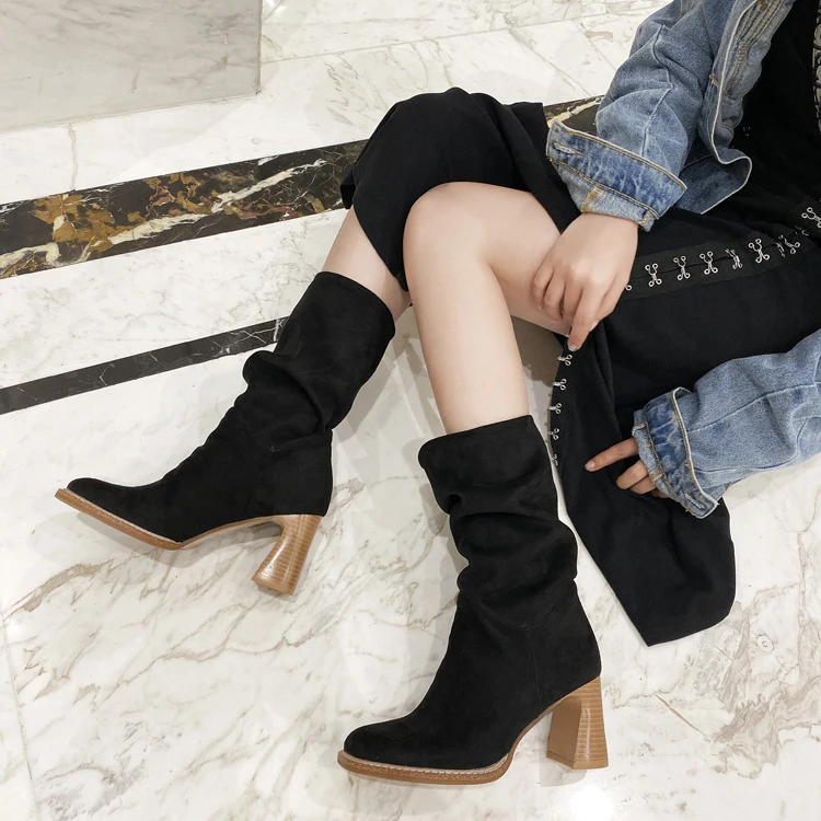 Весенне-осенние женские ботинки Без застежки, зимние простые плиссированные туфли из эластичной ткани Botas, Зимние теплые ботинки в Корейском стиле, большой размер 42