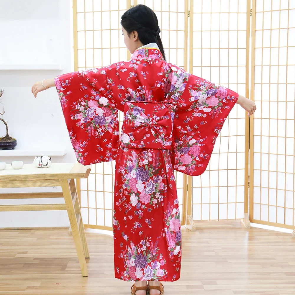 Красное Японское Кимоно для девочек, халат, одежда для выступлений с цветочным принтом, Юката С Некрологом, Мягкий Косплей-костюм