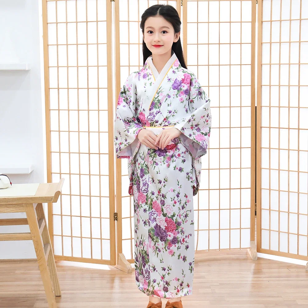 Красное Японское Кимоно для девочек, халат, одежда для выступлений с цветочным принтом, Юката С Некрологом, Мягкий Косплей-костюм