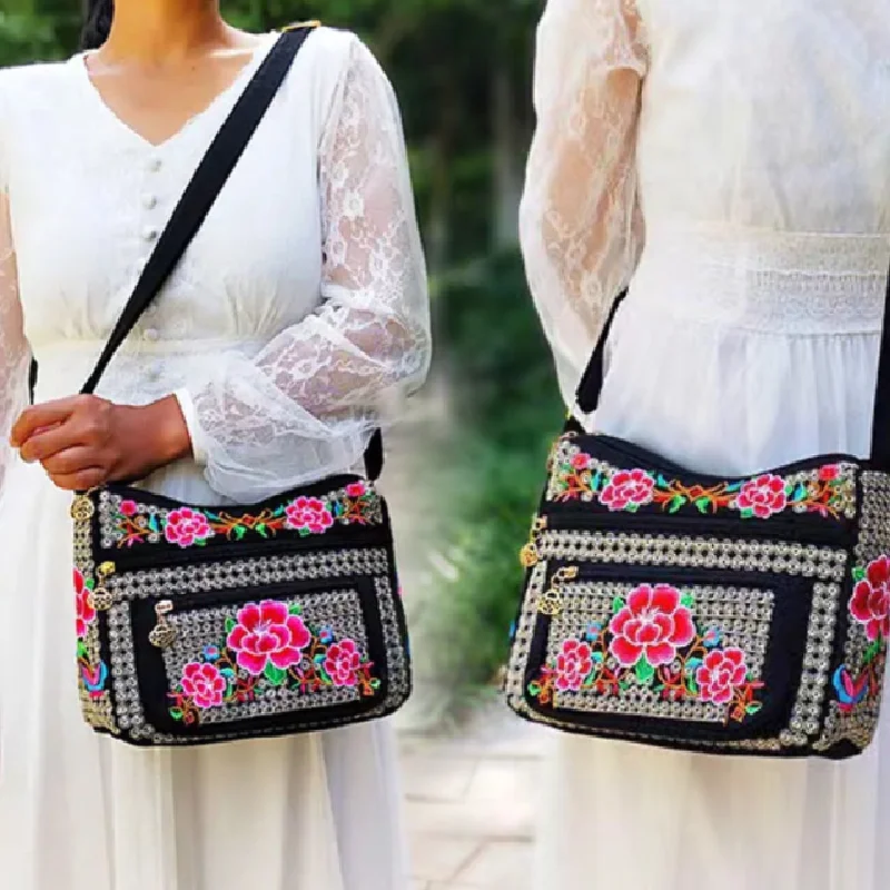 Многослойная сумка-мессенджер Женская винтажная сумка через плечо с вышивкой в китайском стиле, большая вместительная сумка с регулируемым ремешком